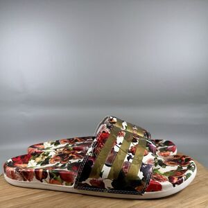 Adidas Adilette Comfort Gold Stripe Red Floral Sandals Mens 9